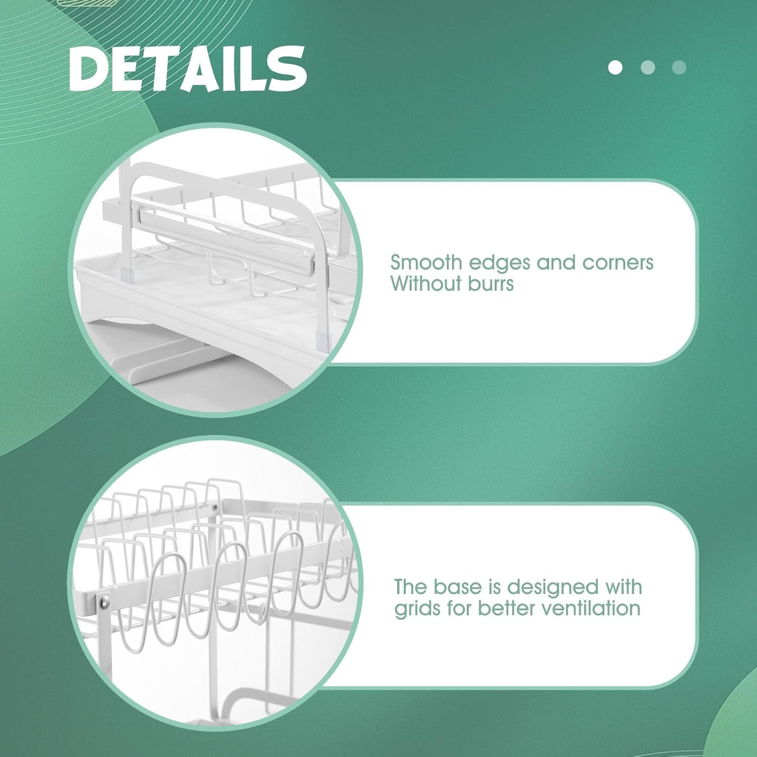 Product details with smooth edges, no burrs, and grid design for better ventilation on a green background.