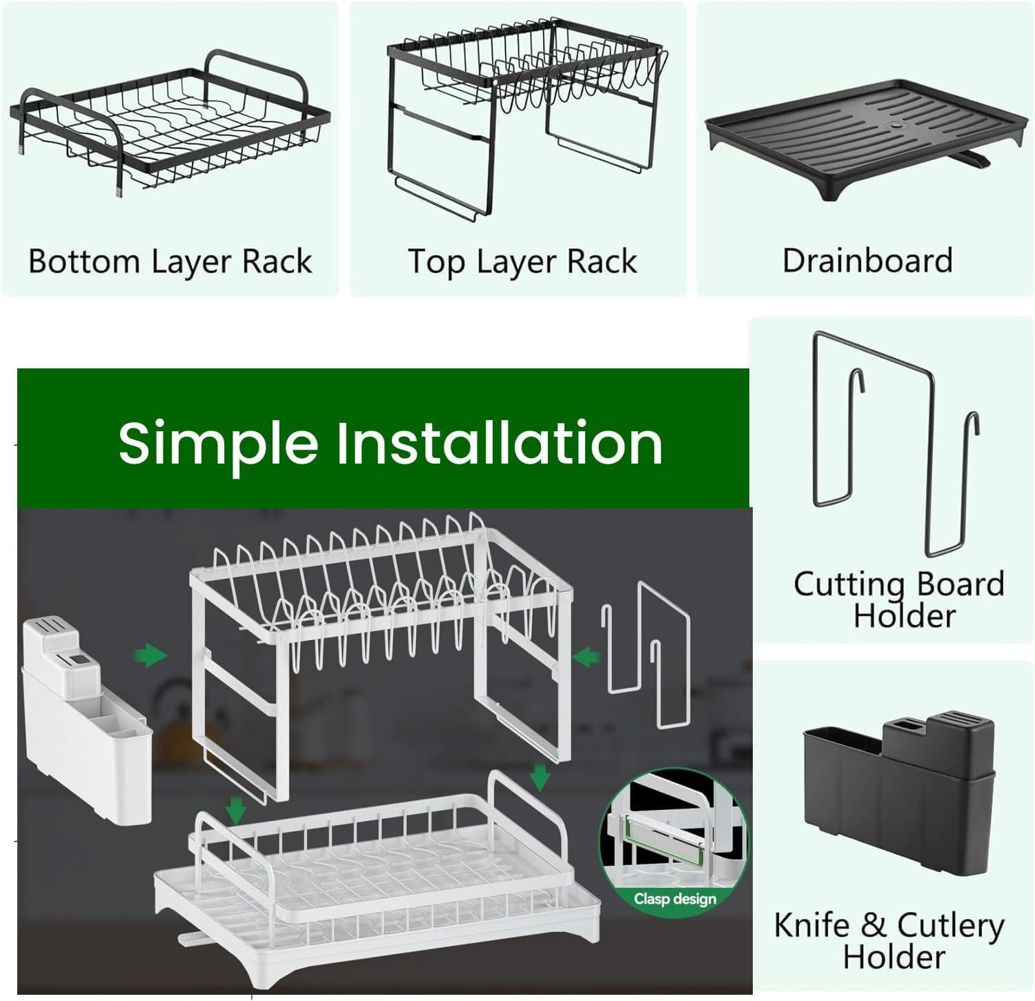 Dish rack components including bottom and top layer racks, drainboard, cutting board holder, knife & cutlery holder, and simple installation diagram.