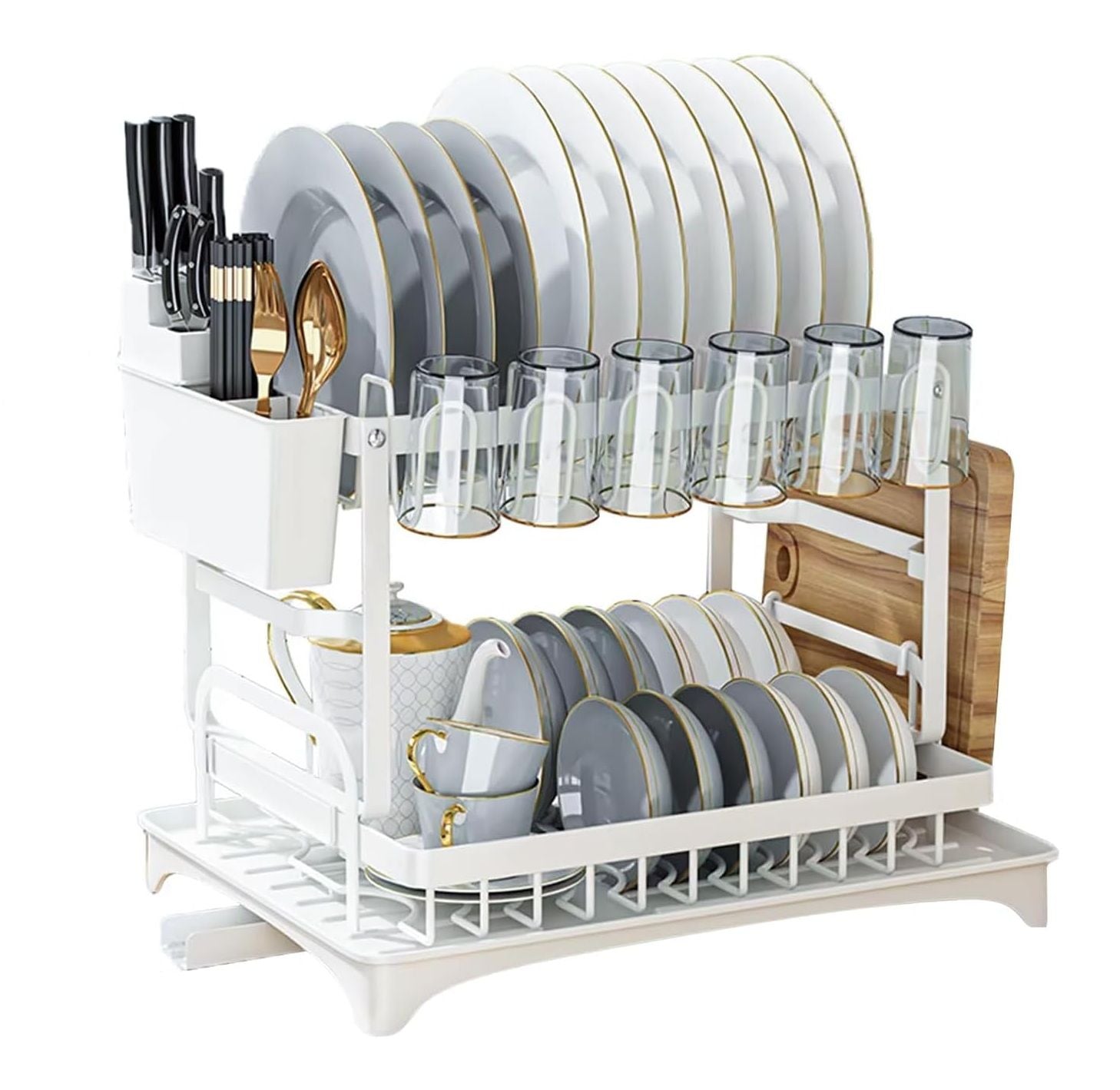 White dish rack with plates, glasses, and cutlery on a white background
