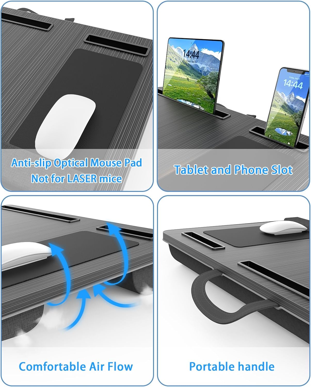 Desk organizer with mouse pad, tablet and phone slots, and air flow features.