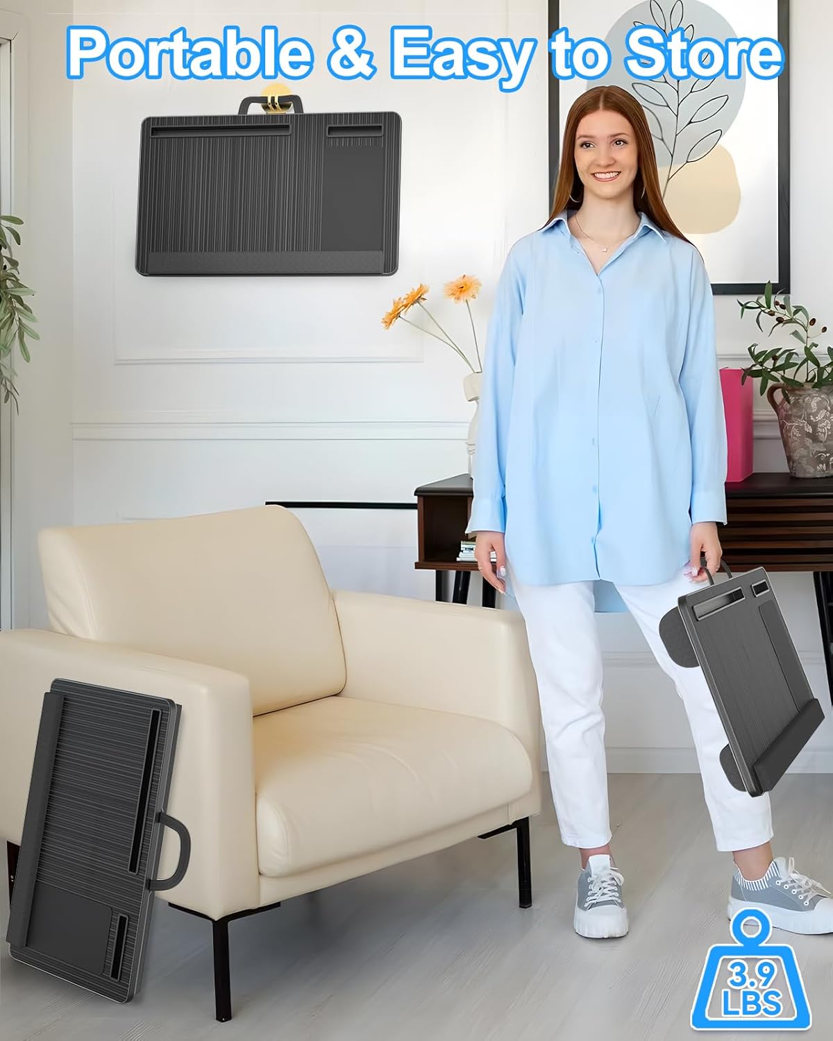 Woman holding a portable mat with text 'Portable & Easy to Store' in a living room setting.