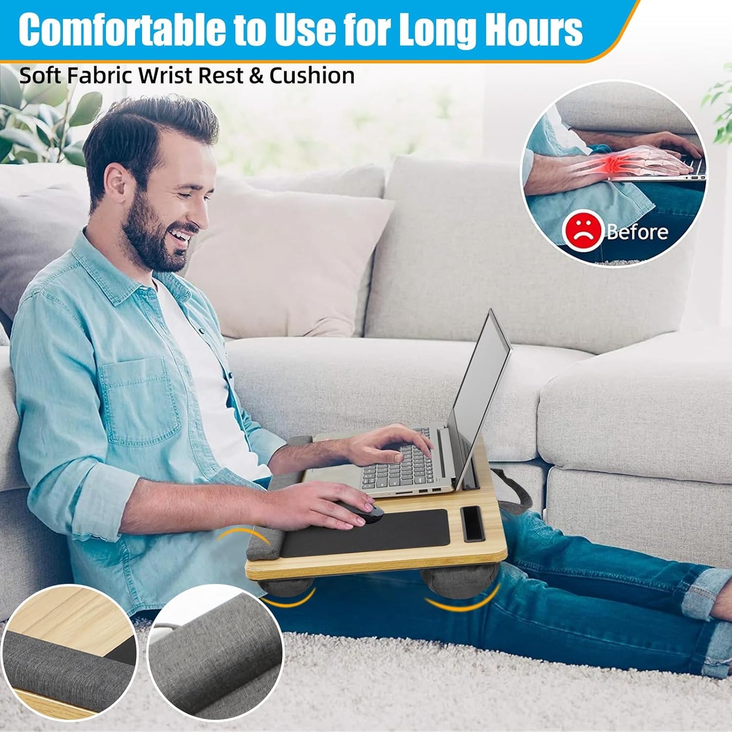 Man using a laptop on a soft fabric wrist rest and cushion with comfort benefits highlighted.
