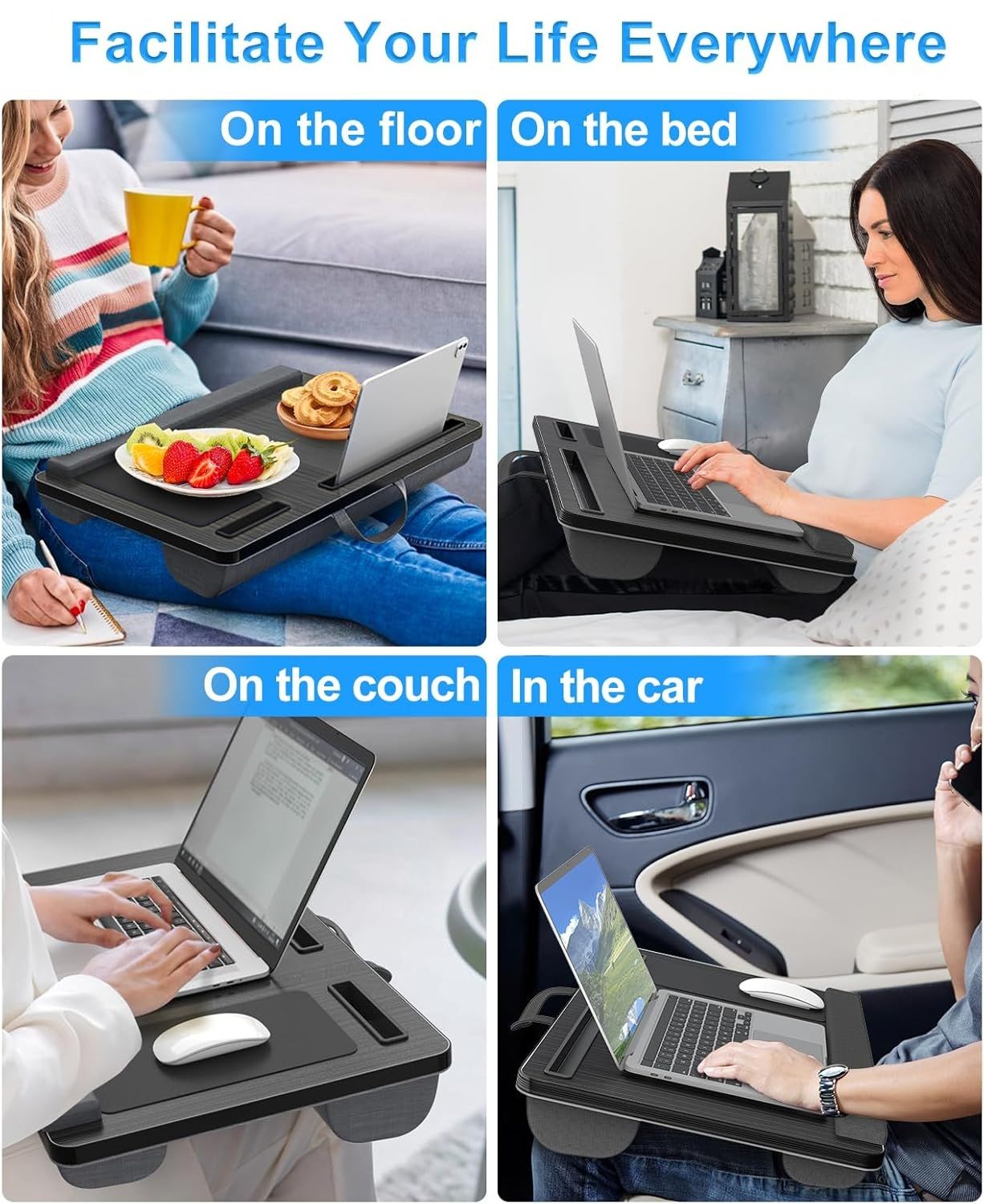 Portable laptop desk used in various settings including floor, bed, couch, and car.