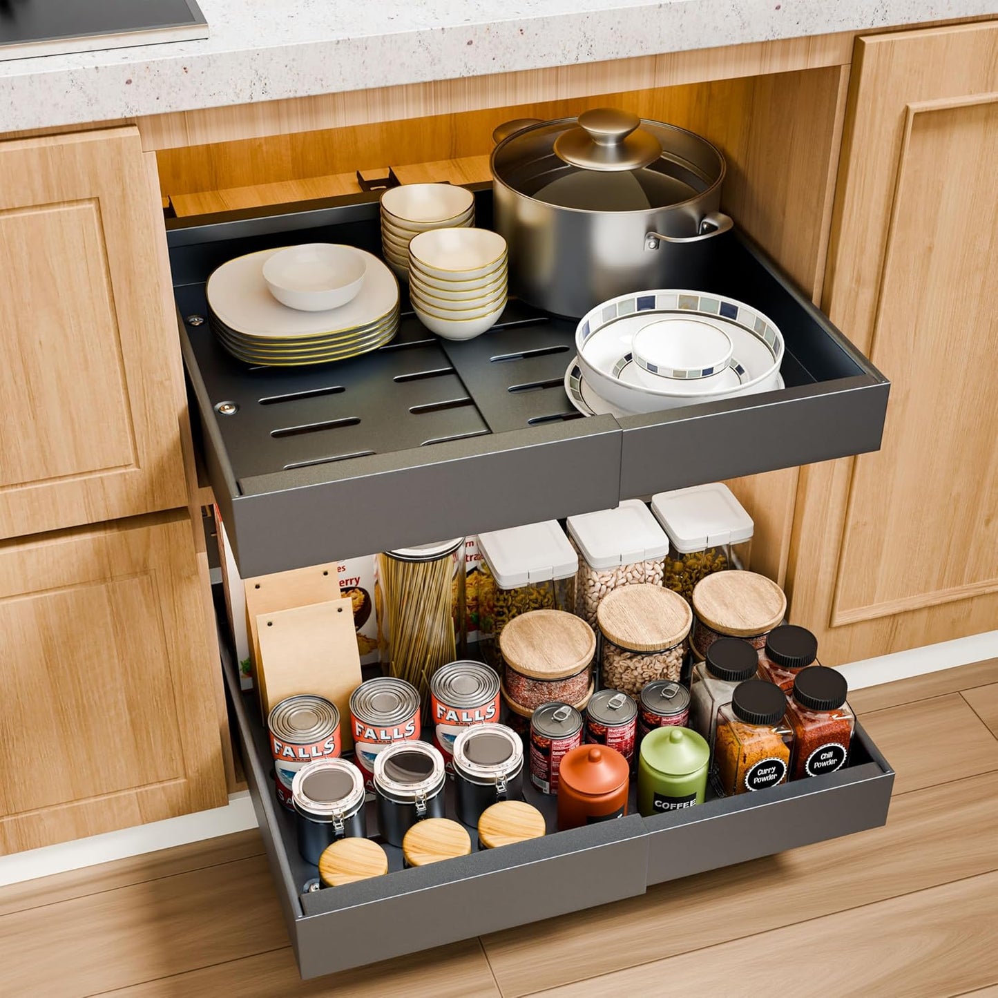 CARLA HOME 2 Pack Pull Out Cabinet Organizer Expandable for Cabinets with Adjustable Slide Out Shelves and Easy Installation (Grey)