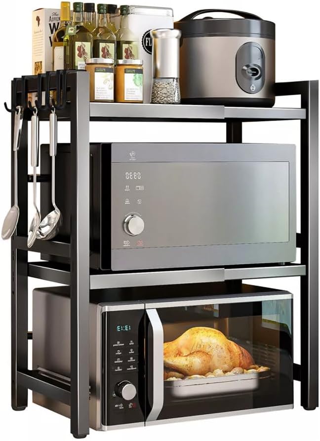 Kitchen rack with microwave, toaster oven, and various kitchen items on a white background