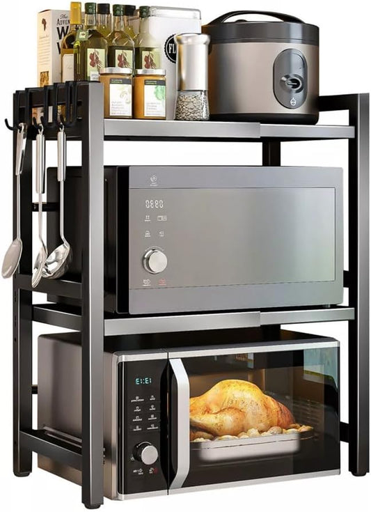 Kitchen rack with microwave, toaster oven, and various kitchen items on a white background