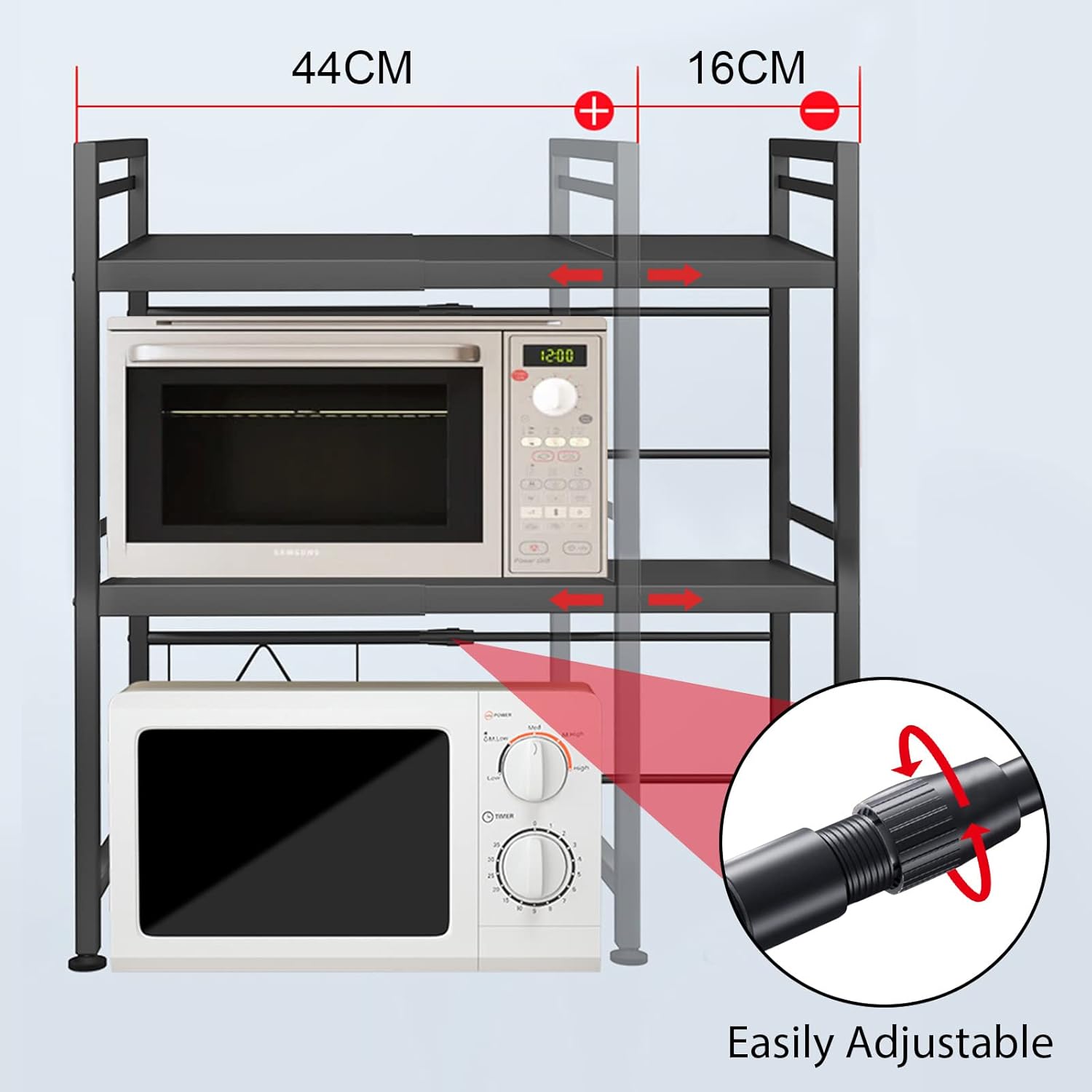 Bakers rack with microwave and dimensions labeled on a light blue background