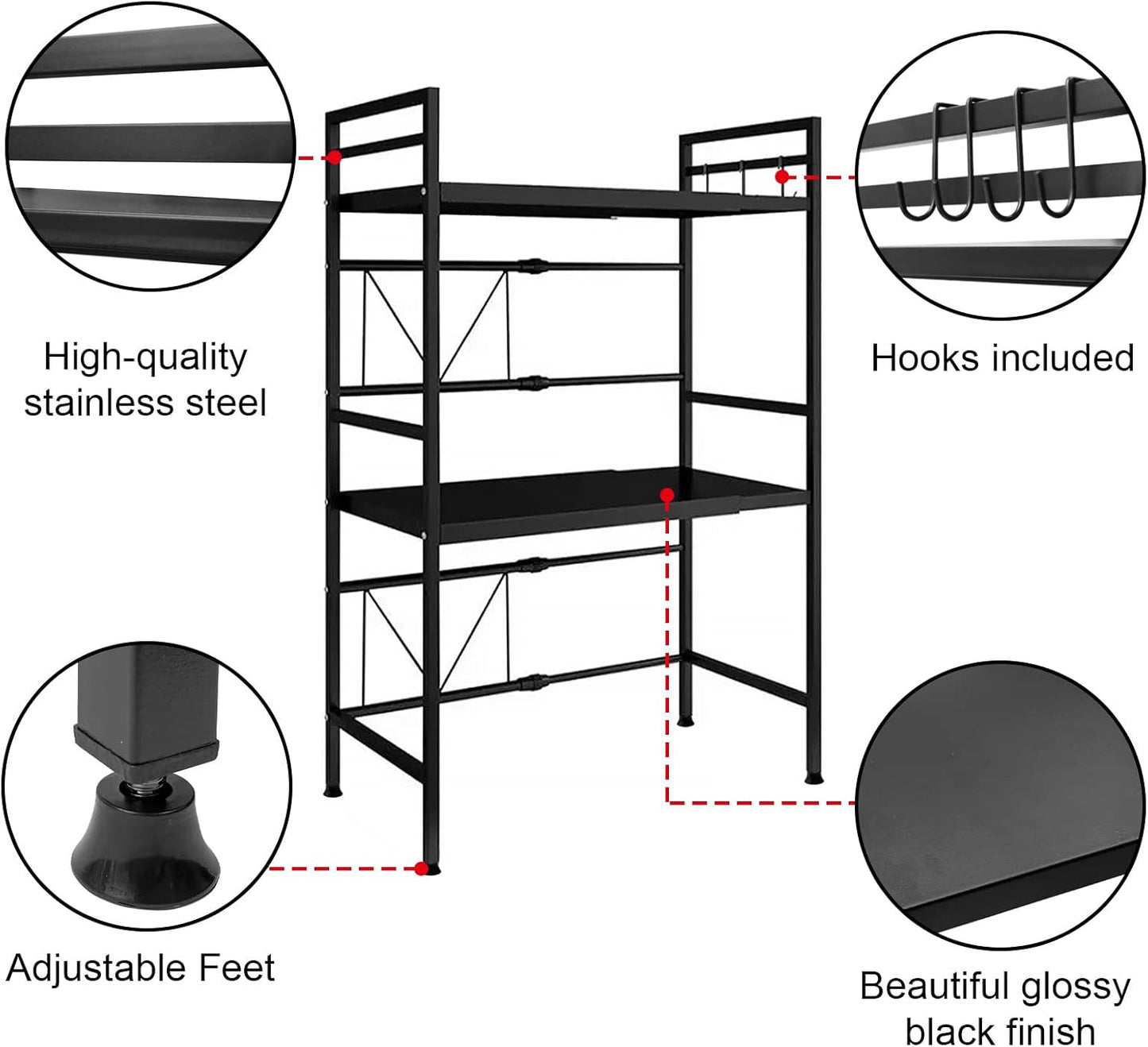 Black metal shelf with features highlighted, including high-quality  hooks included, adjustable feet, and a glossy black finish.