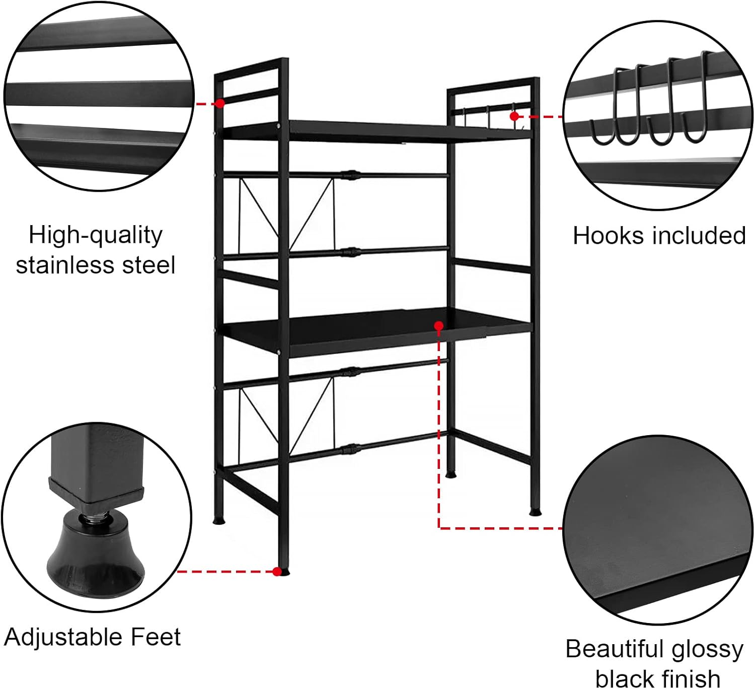 Black metal shelf with features highlighted, including high-quality  hooks included, adjustable feet, and a glossy black finish.