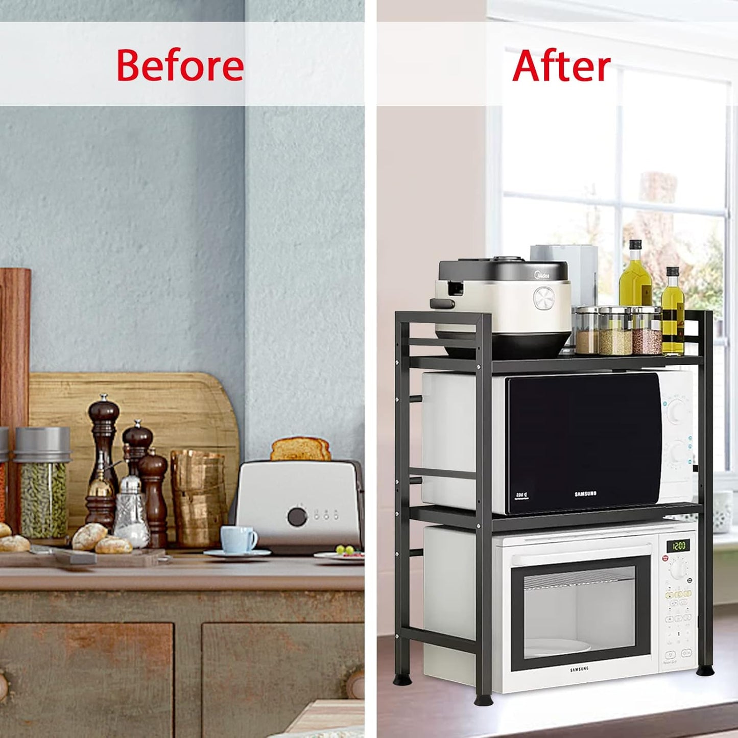 Before and after comparison of a kitchen setup with a shelf and appliances.