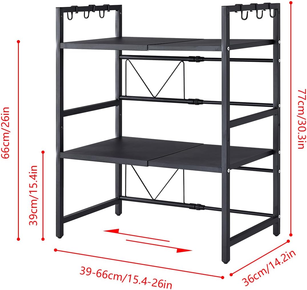 Black metal shelving unit with dimensions indicated on a white background