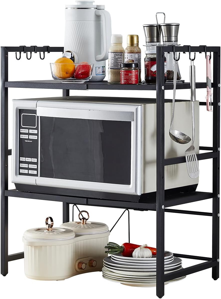 Black kitchen rack with microwave, utensils, and food items on a white background