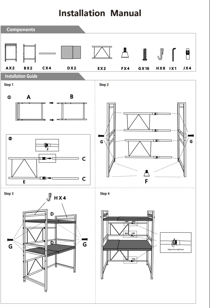 Installation manual for rack with step-by-step assembly instructions.