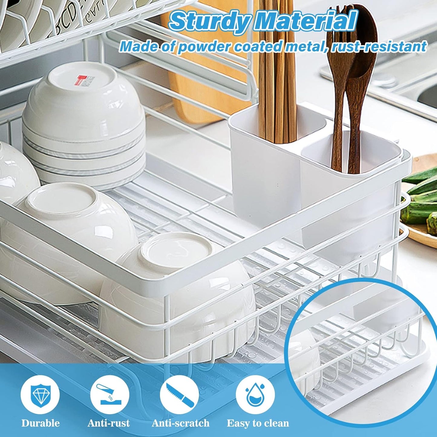 White kitchen dish rack with utensils and bowls, highlighting sturdiness and material properties.