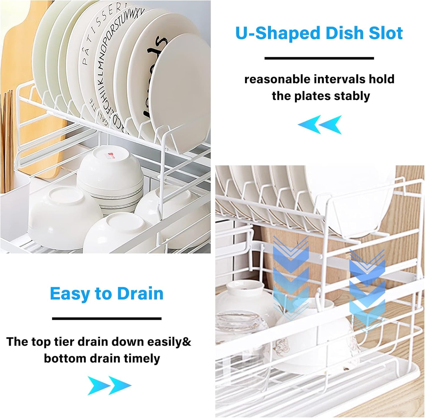 Dish rack with plates and bowls, highlighting U-shaped dish slot and easy drainage features.