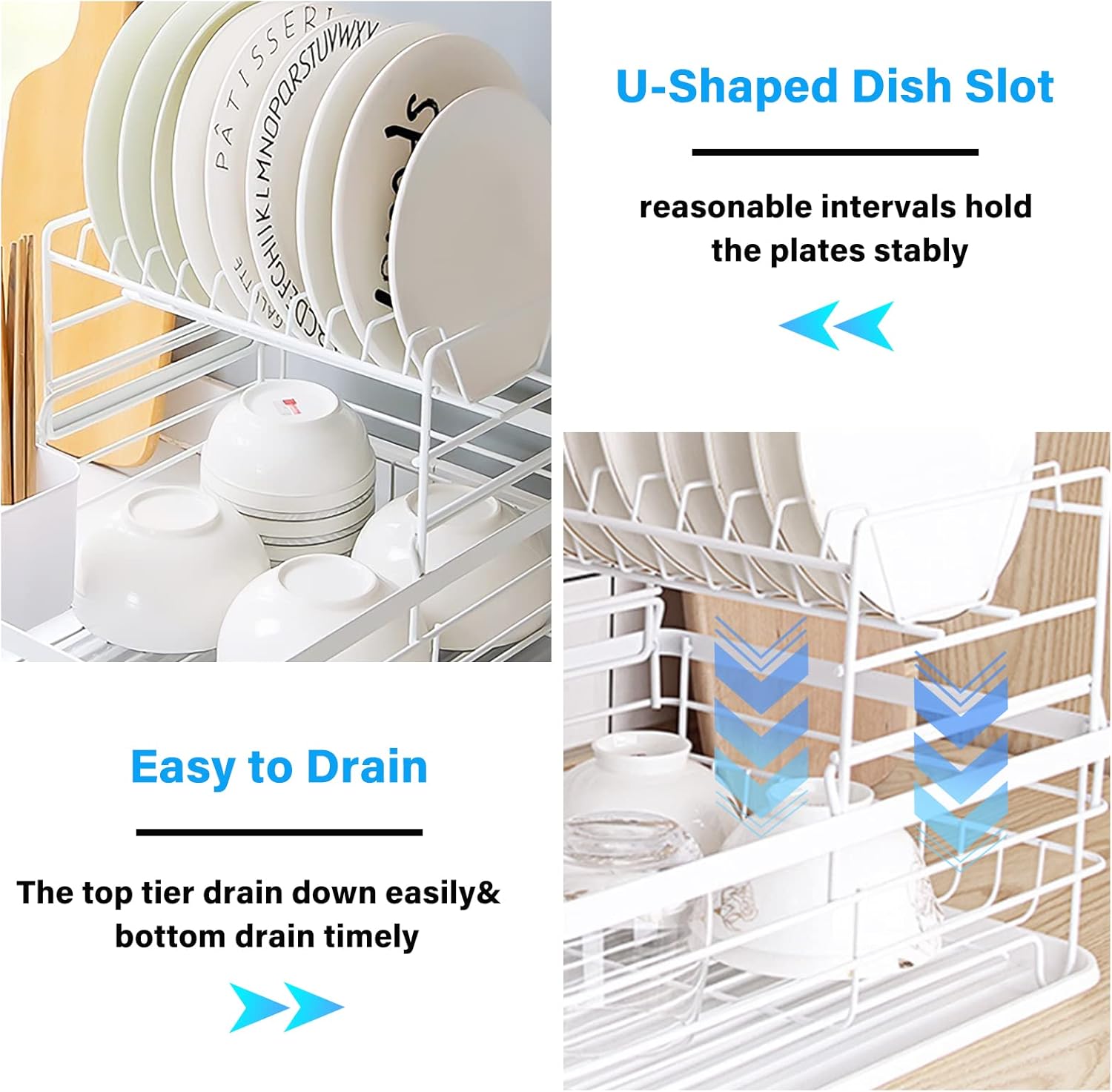 Dish rack with plates and bowls, highlighting U-shaped dish slot and easy drainage features.