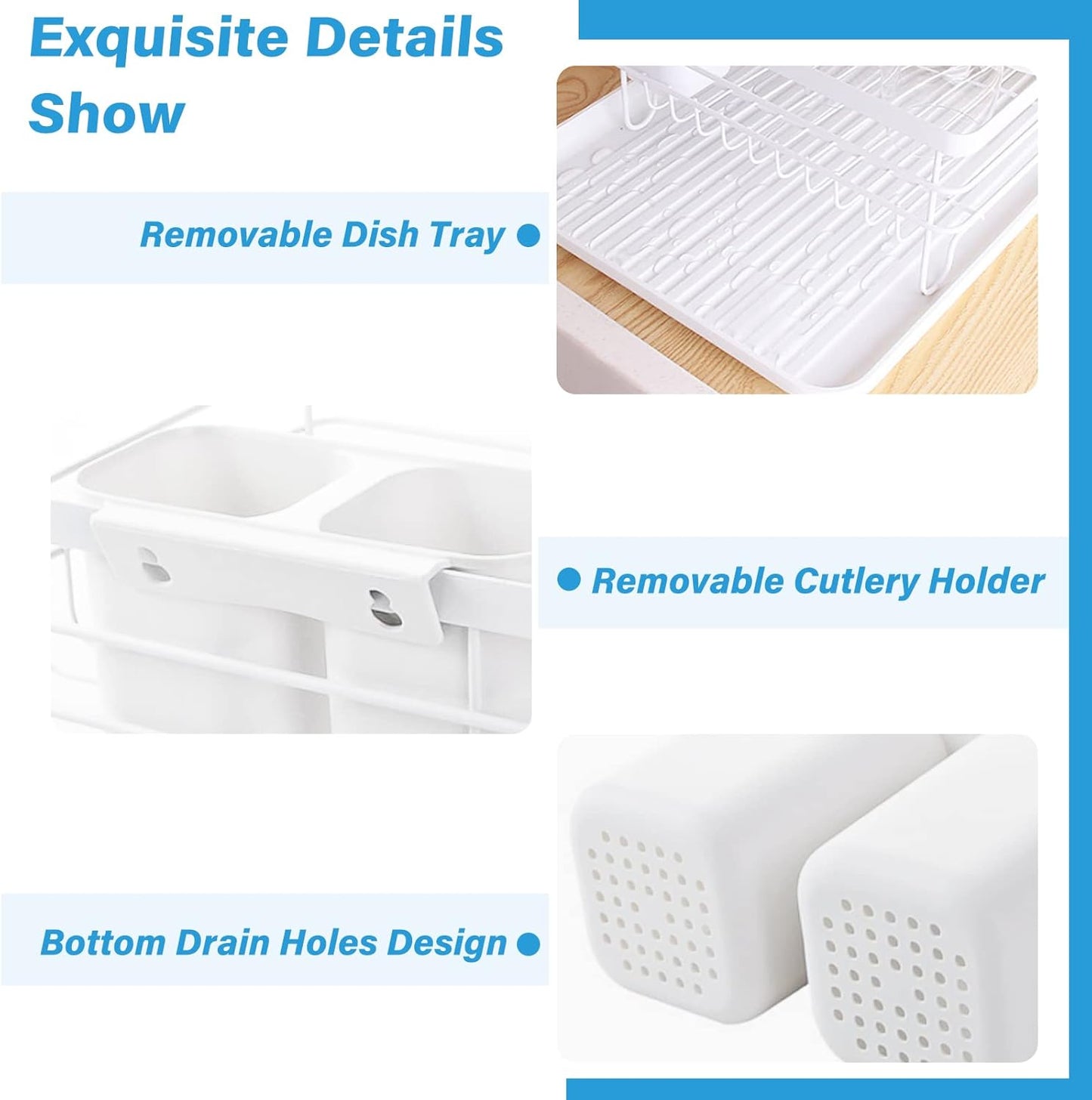 White dish rack with removable dish tray, cutlery holder, and bottom drain holes design on a blue background.