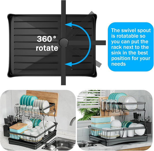 Black dish rack with swivel spout feature, shown in use next to a sink.