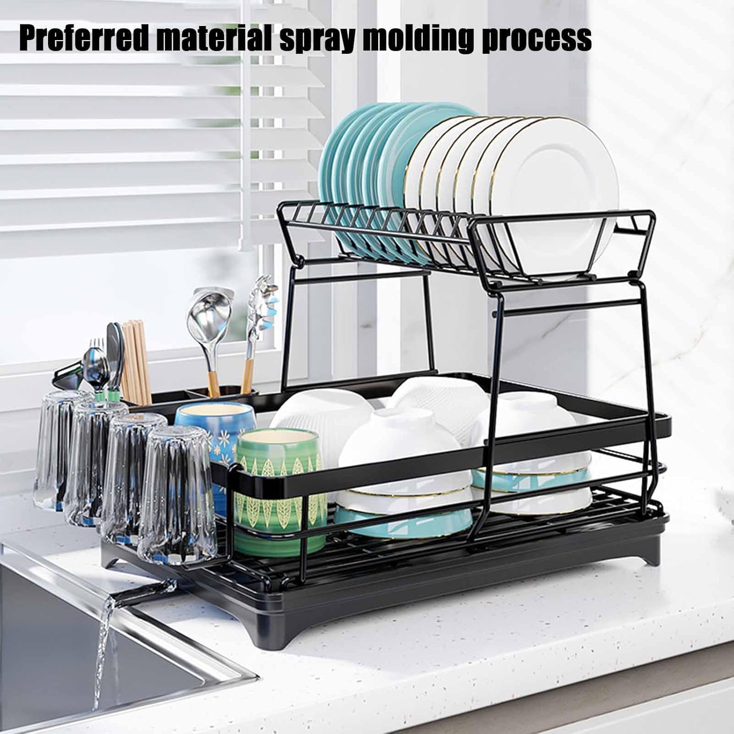 Two-tier dish rack with dishes on a kitchen counter