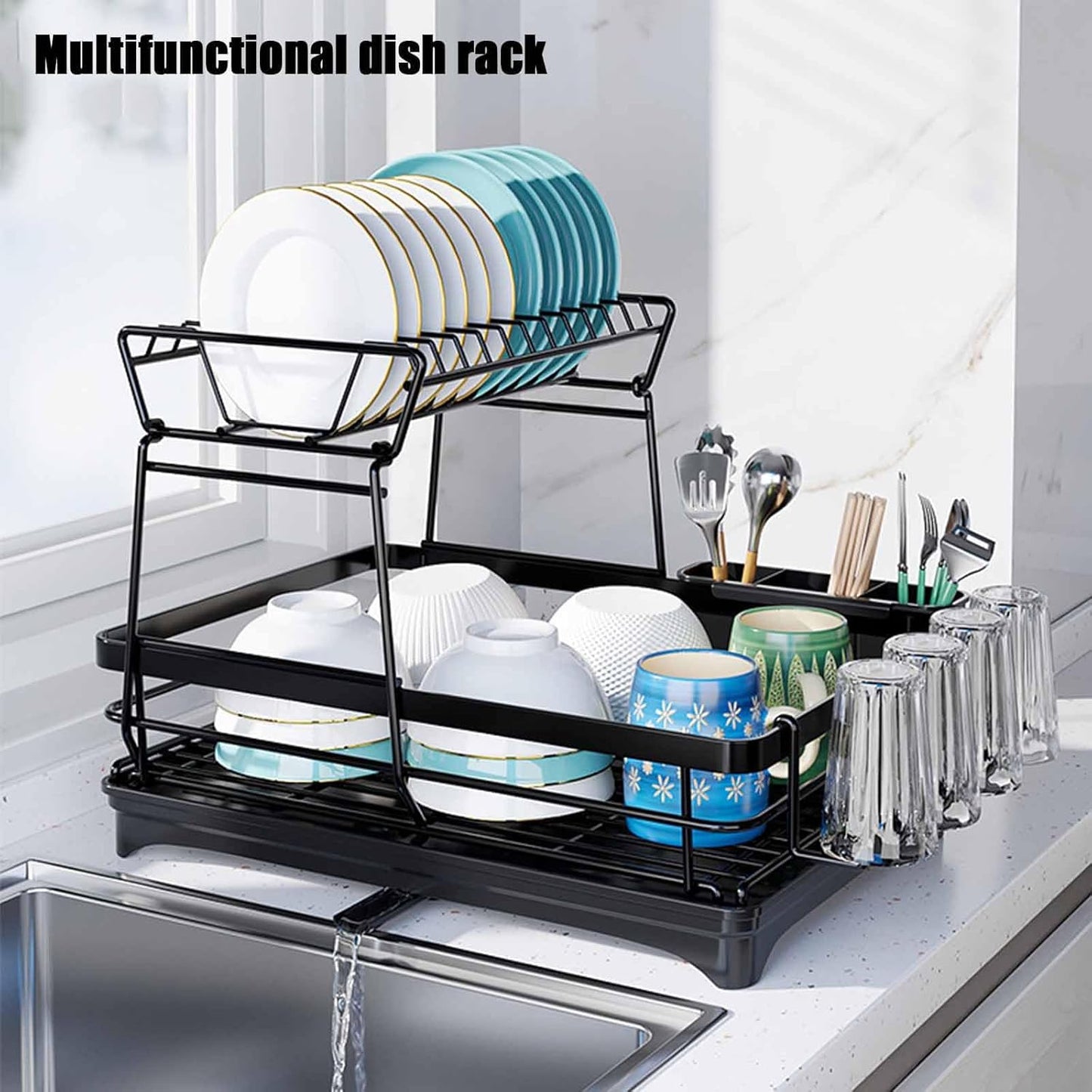Multifunctional dish rack with dishes on a kitchen counter