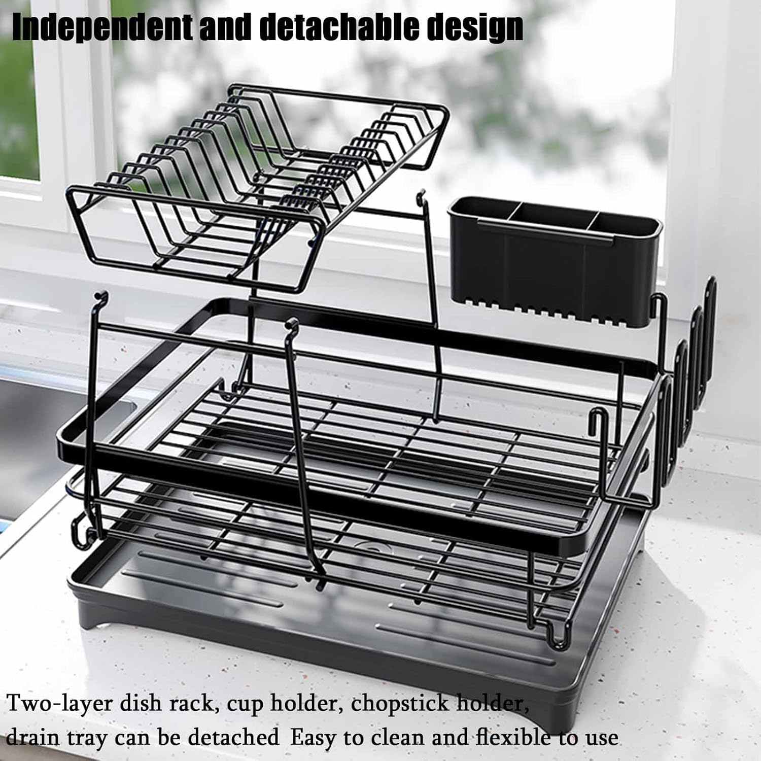 Two-layer dish rack with cup holder and chopstick holder on a white surface.