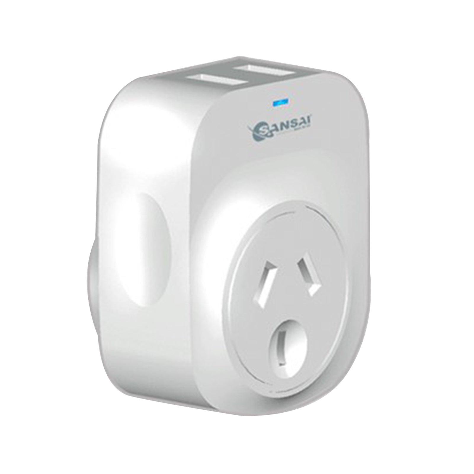 White smart plug with a visible brand logo on a white background