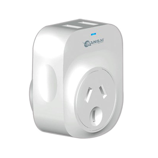 White smart plug with a visible brand logo on a white background