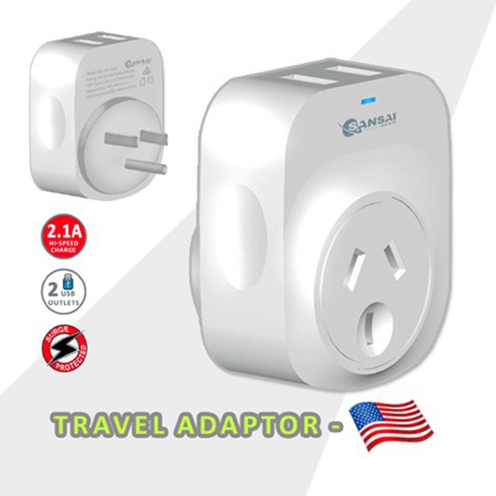 Travel adapter with multiple features highlighted on a white background