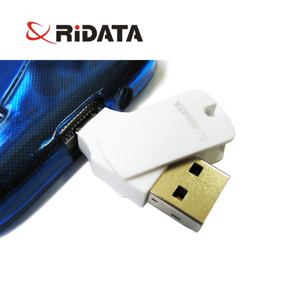 White USB card reader with gold connector on a white background, featuring the RiDATA logo.