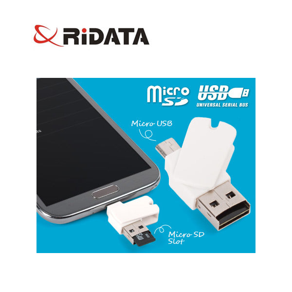 Ridata USB and microSD adapter with smartphone on a blue background