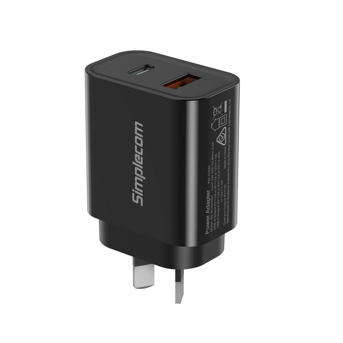 Black Simplecom wall adapter on a white background