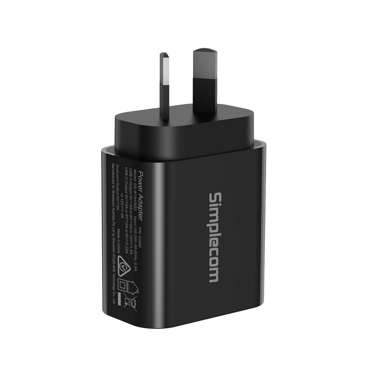 Black Simplecom power adapter on a white background