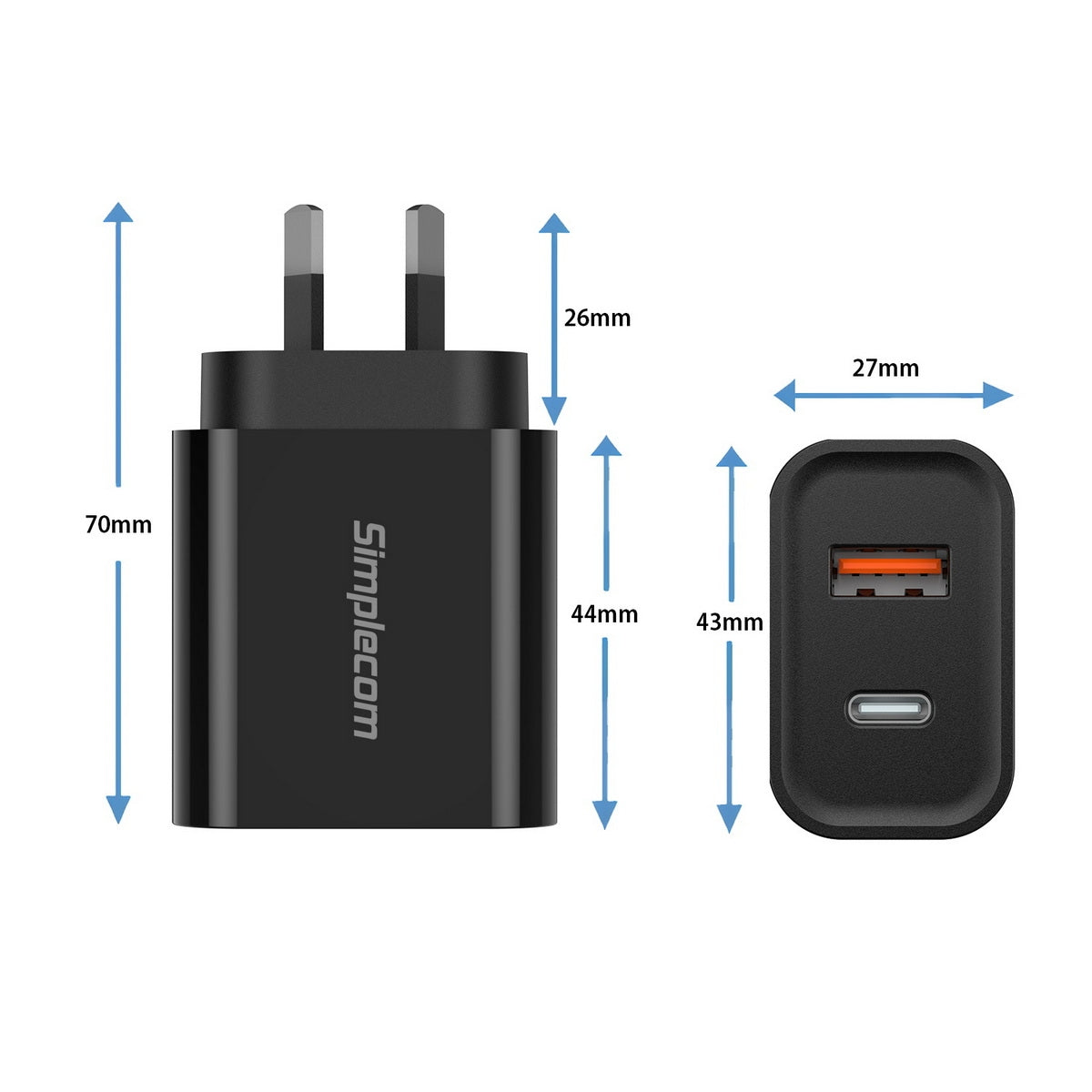 Black charging adapter with USB ports and dimensions labeled, featuring the Simplecom brand.