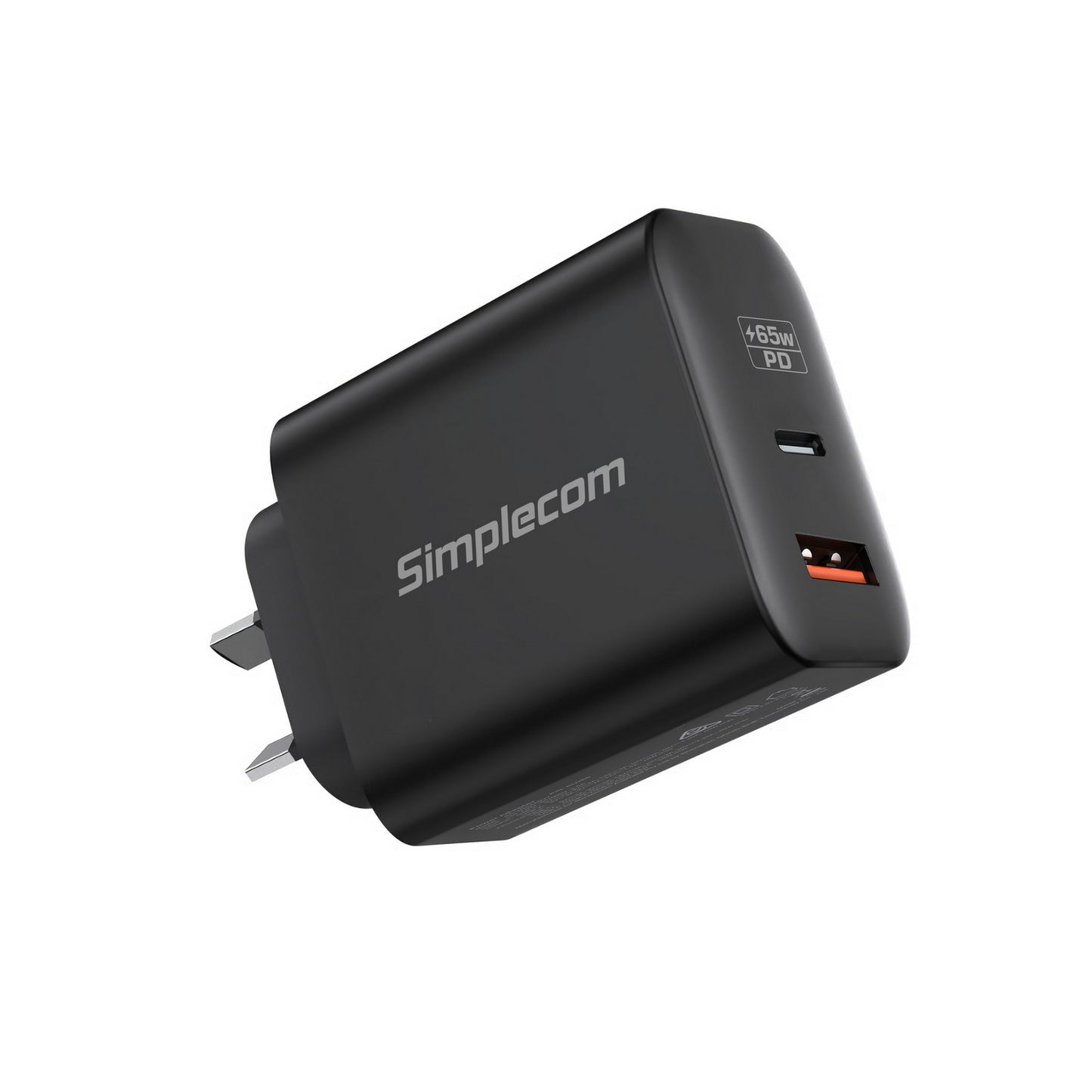 Black Simplecom charging adapter on a white background