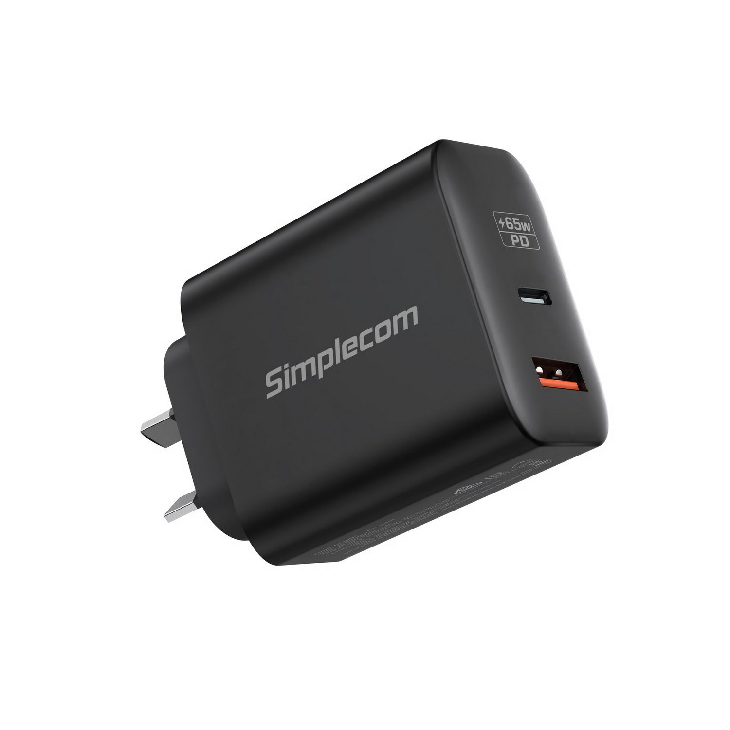 Black Simplecom charging adapter on a white background