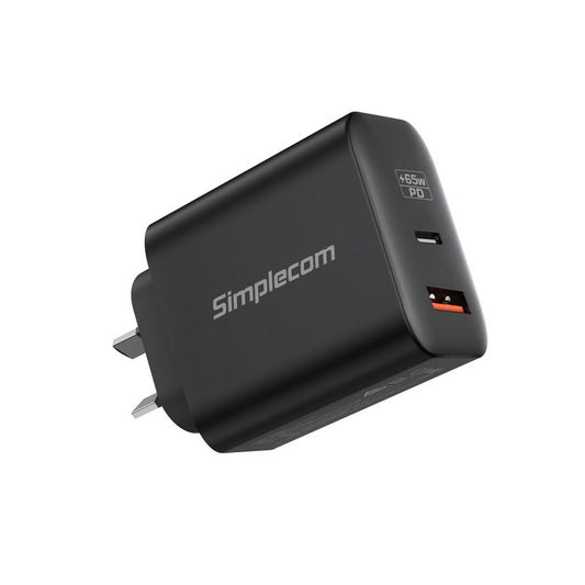 Black Simplecom charging adapter on a white background