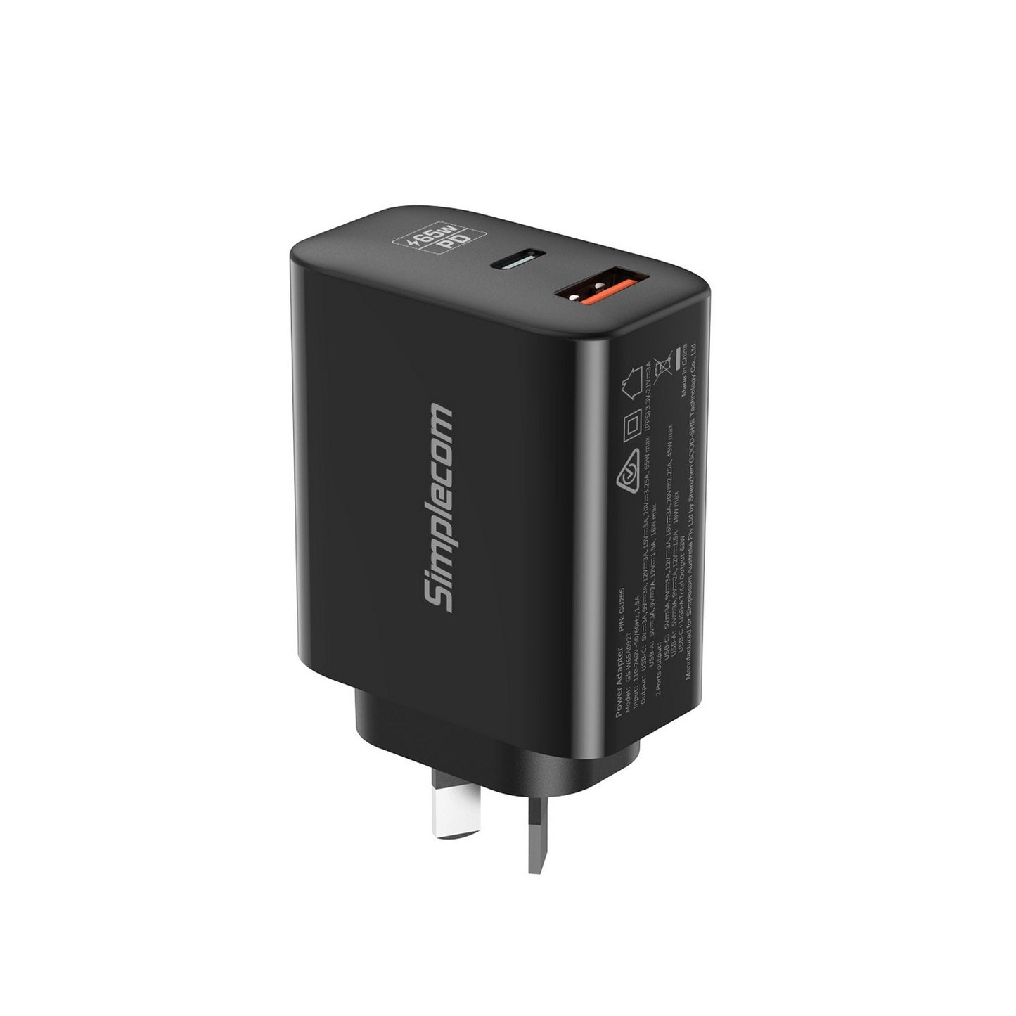 Black wall charger with USB ports on a white background