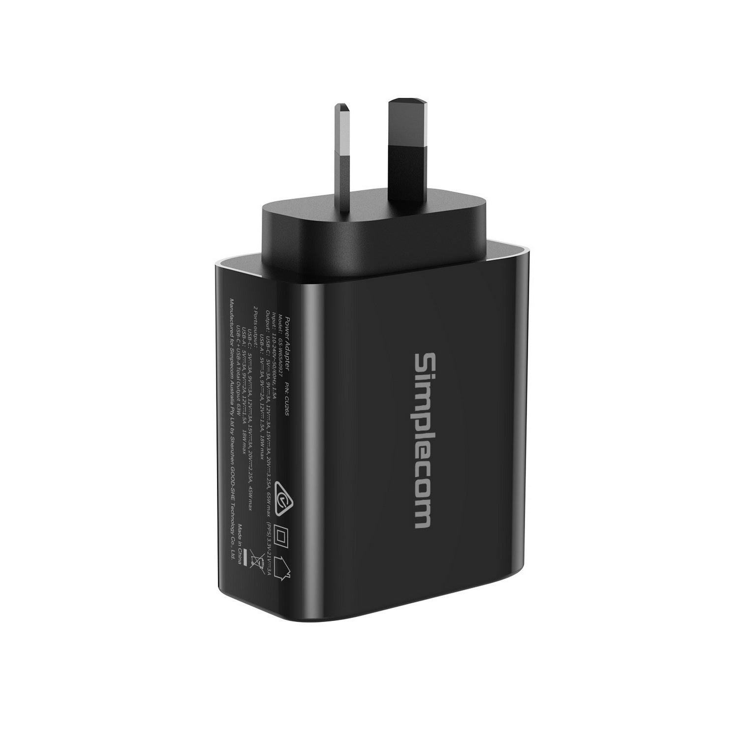 Black Simplecom charging adapter on a white background