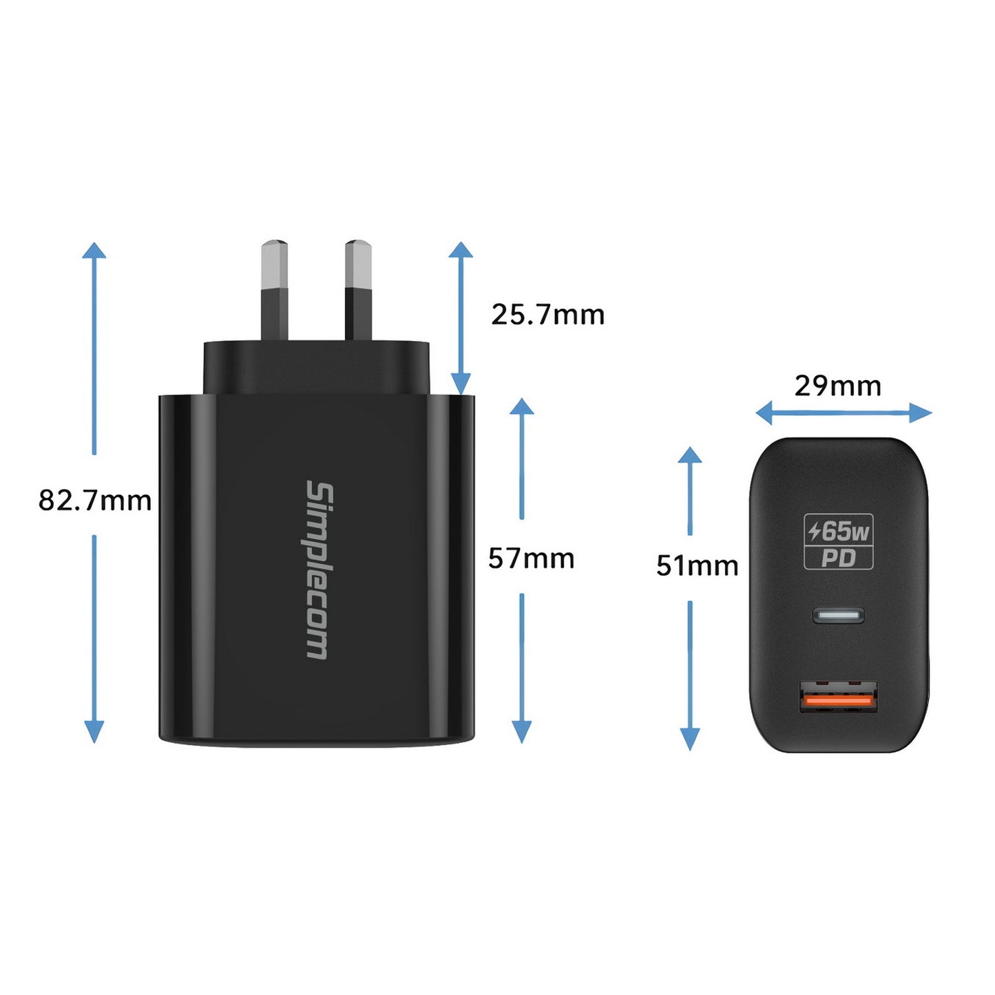 Black charging adapter with dimensions labeled on a white background