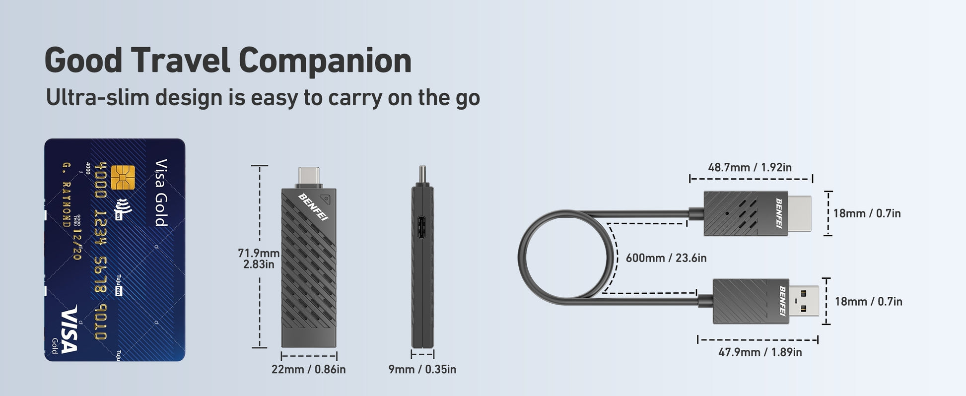 Product dimensions compared to a credit card on a light gray background
