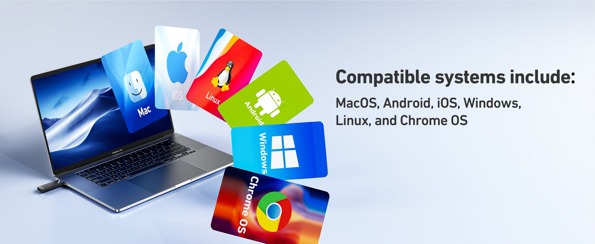 Laptop with multiple operating system icons and text indicating compatibility on a light blue background