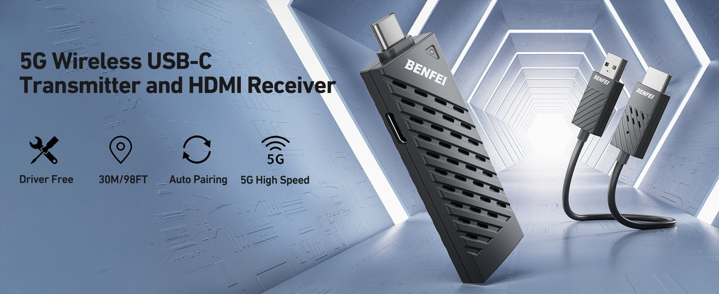 5G Wireless USB-C Transmitter and HDMI Receiver with BENFEI branding on a blue geometric background.