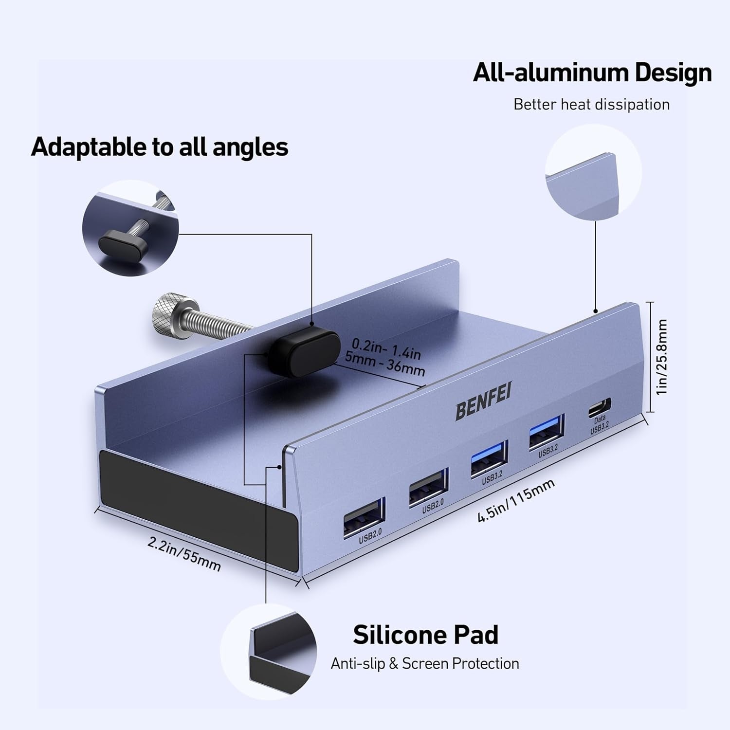 Benfei USB hub with features highlighted on a light gray background