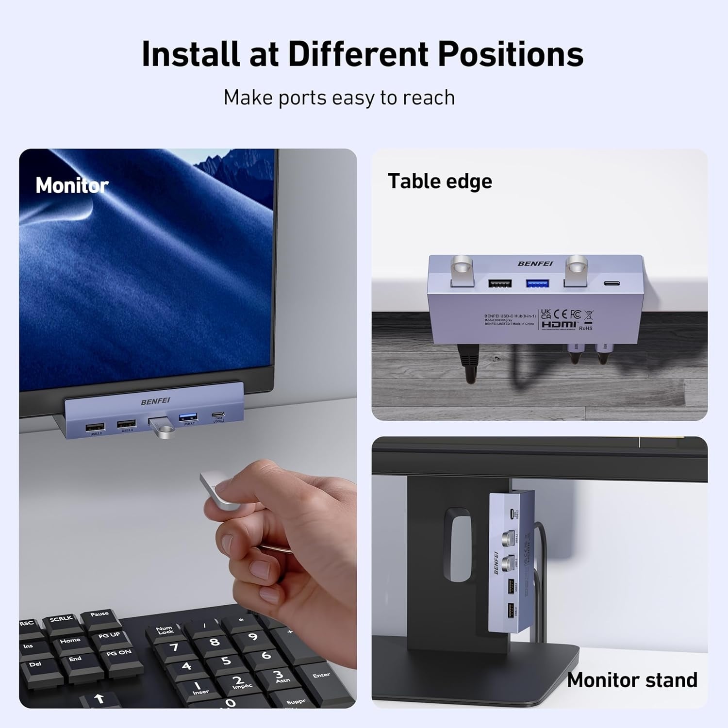 USB hub installation at different positions with monitor, table edge, and monitor stand.