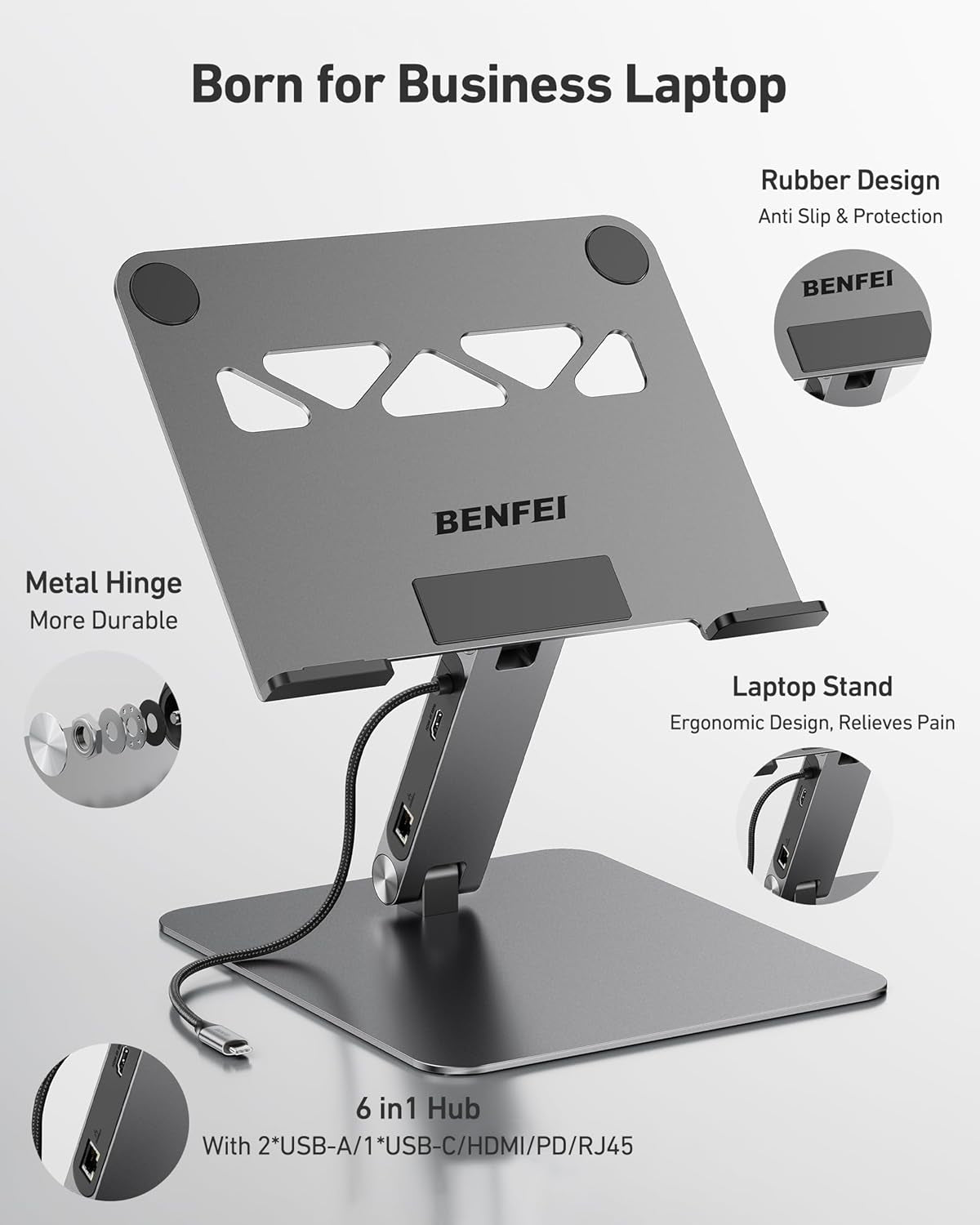 Laptop stand with BENFEI branding on a light gray background