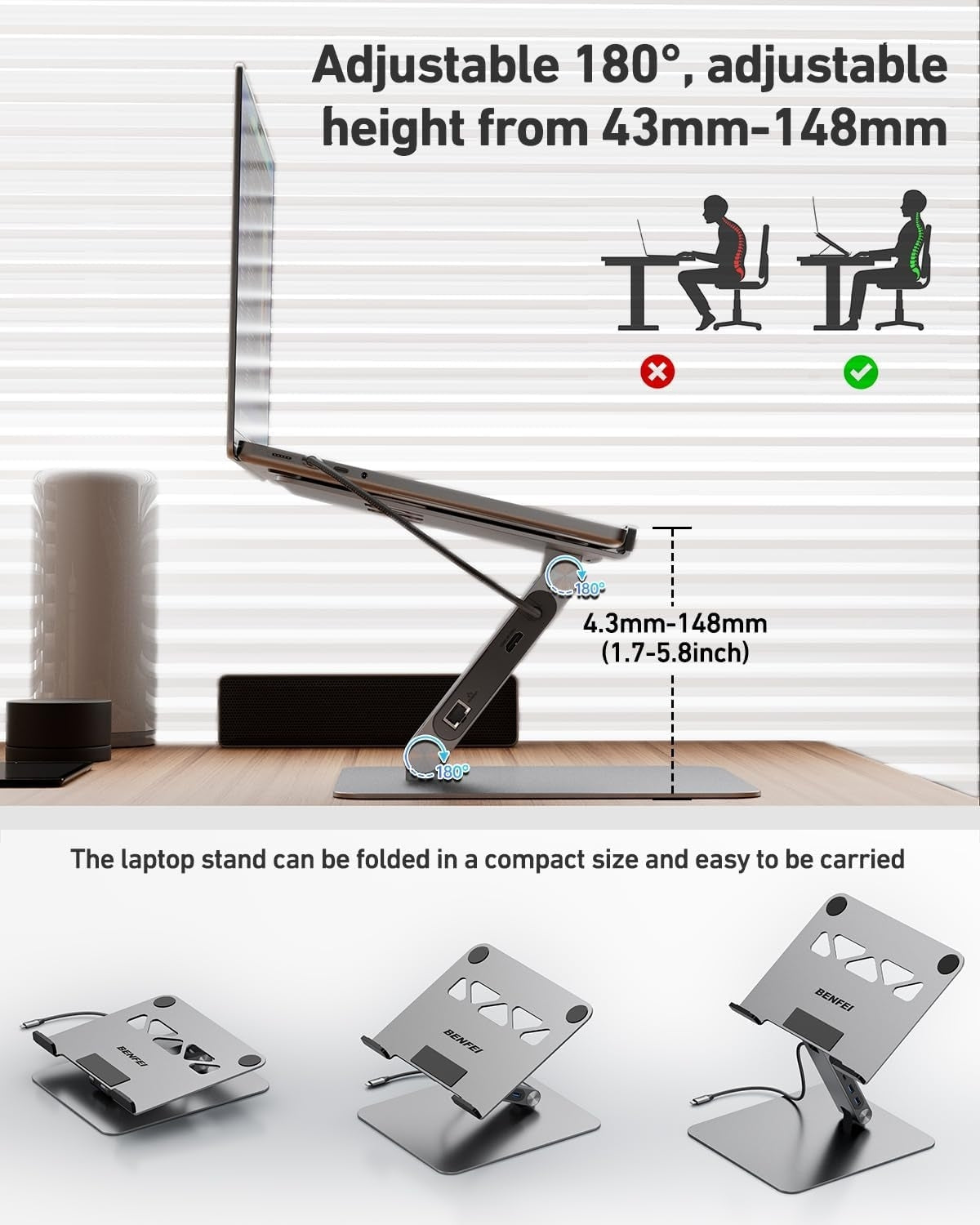 Laptop stand with adjustable height and angle on a desk setup.
