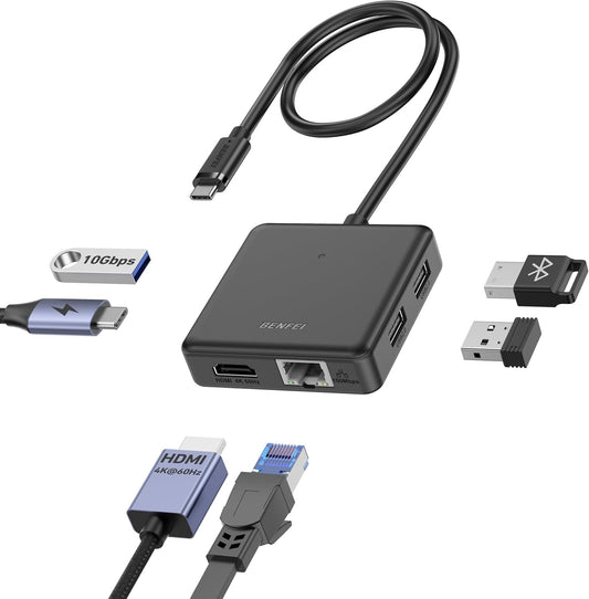 Computer adapter with multiple ports and cables on a white background