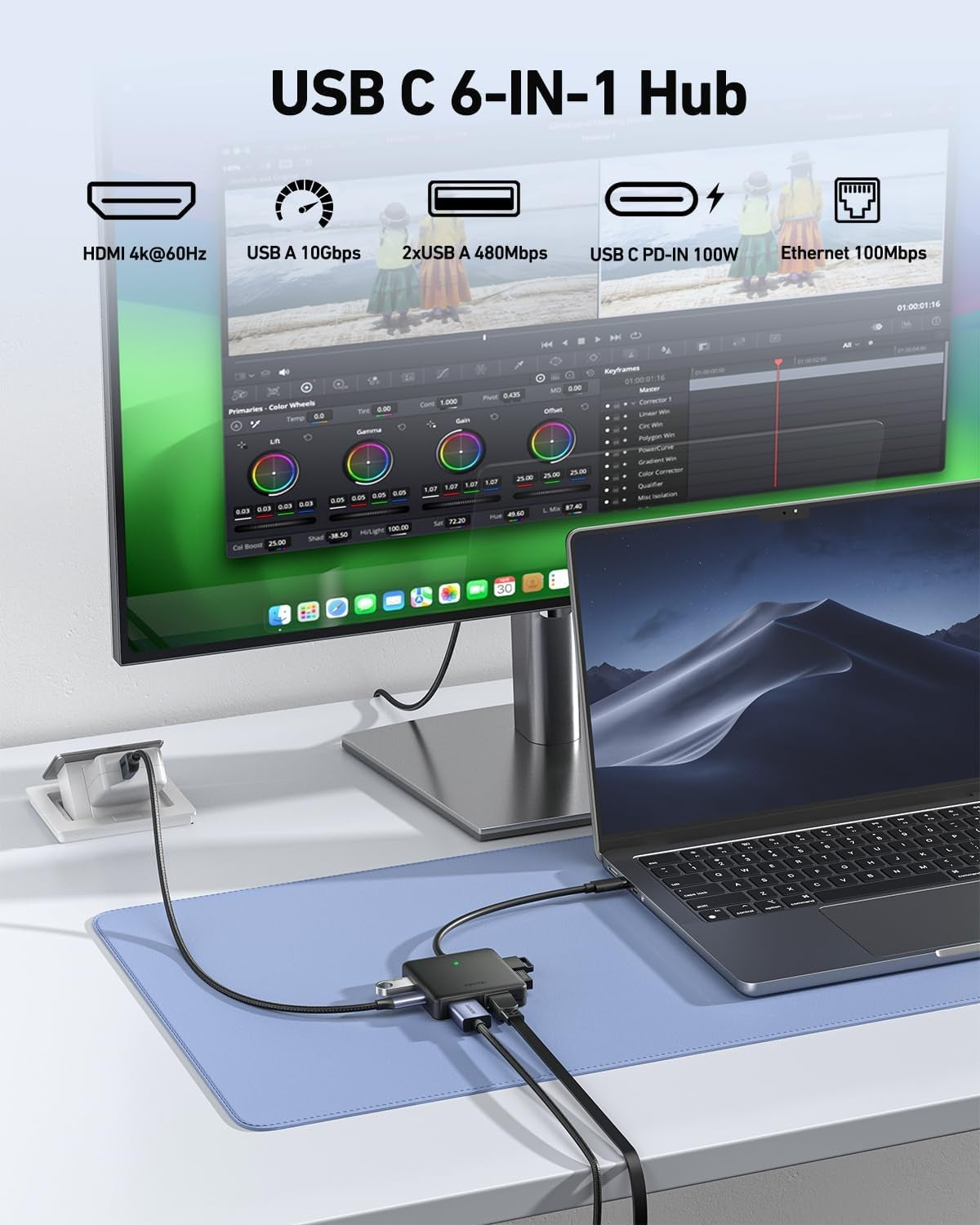 USB C 6-IN-1 Hub connected to a laptop and monitor on a desk.