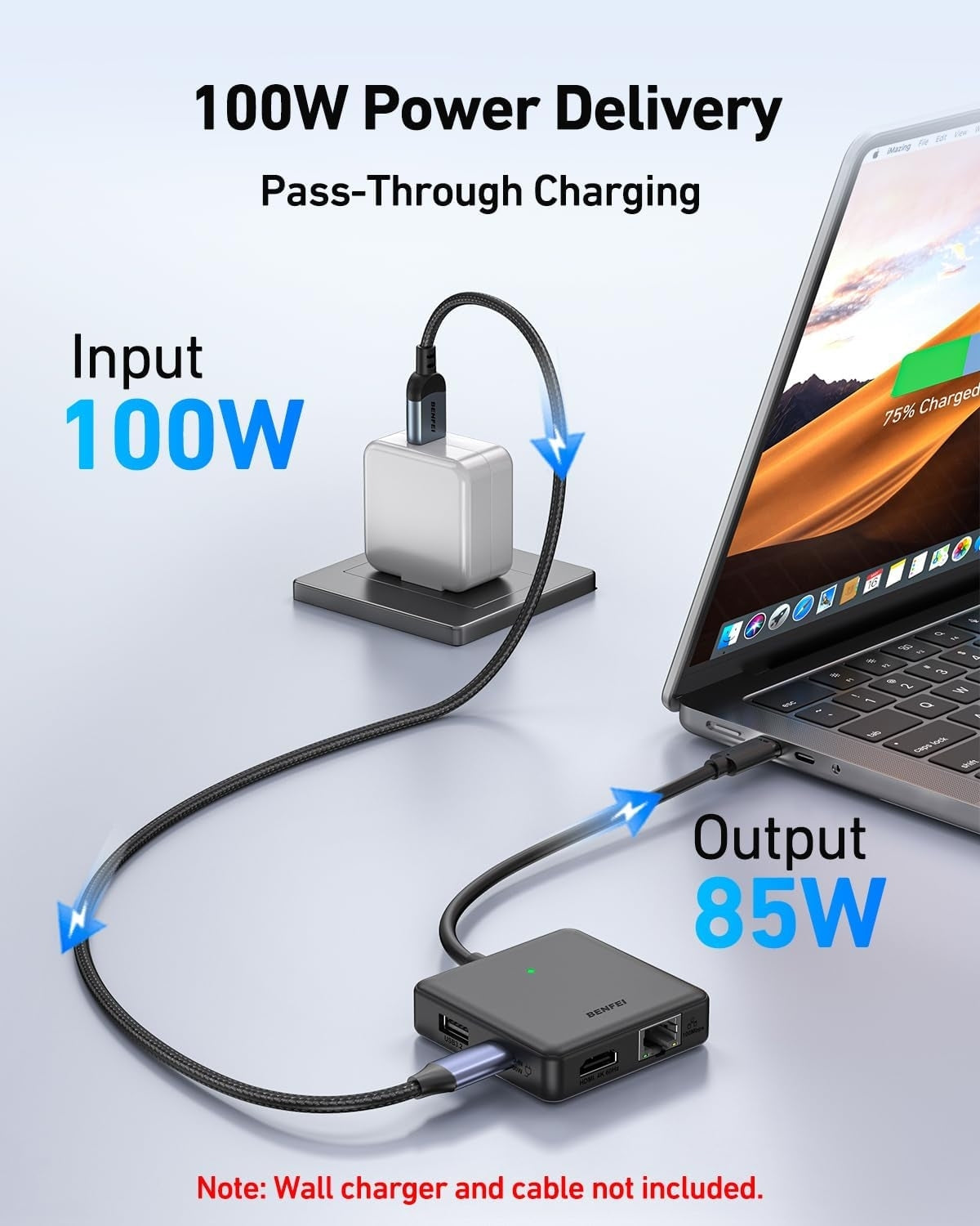 Power delivery and pass-through charging setup with laptop and adapter on a light gray background