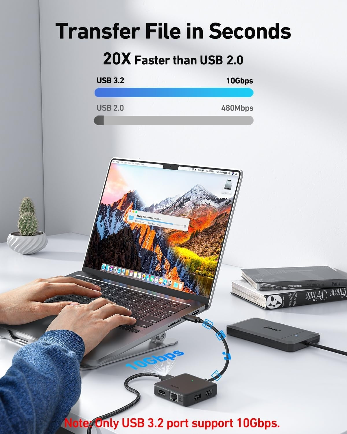 Laptop connected to a USB 3.2 device with text highlighting speed improvement over USB 2.0.